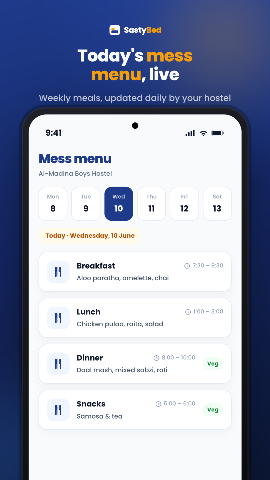 SastyBed student app — mess menu